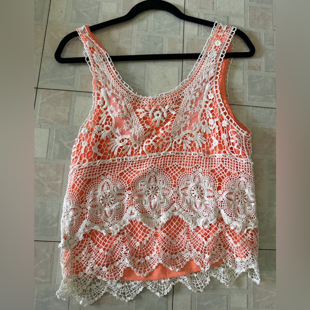 Women’s Crochet Overlay Tank Top - Coral with White Lace - Size Small